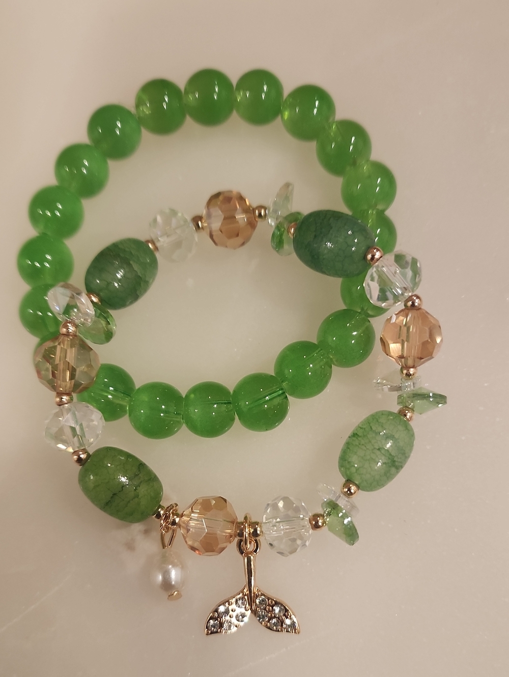 Handmade Green Beaded Mermaid Charm Bracelet - Stackables